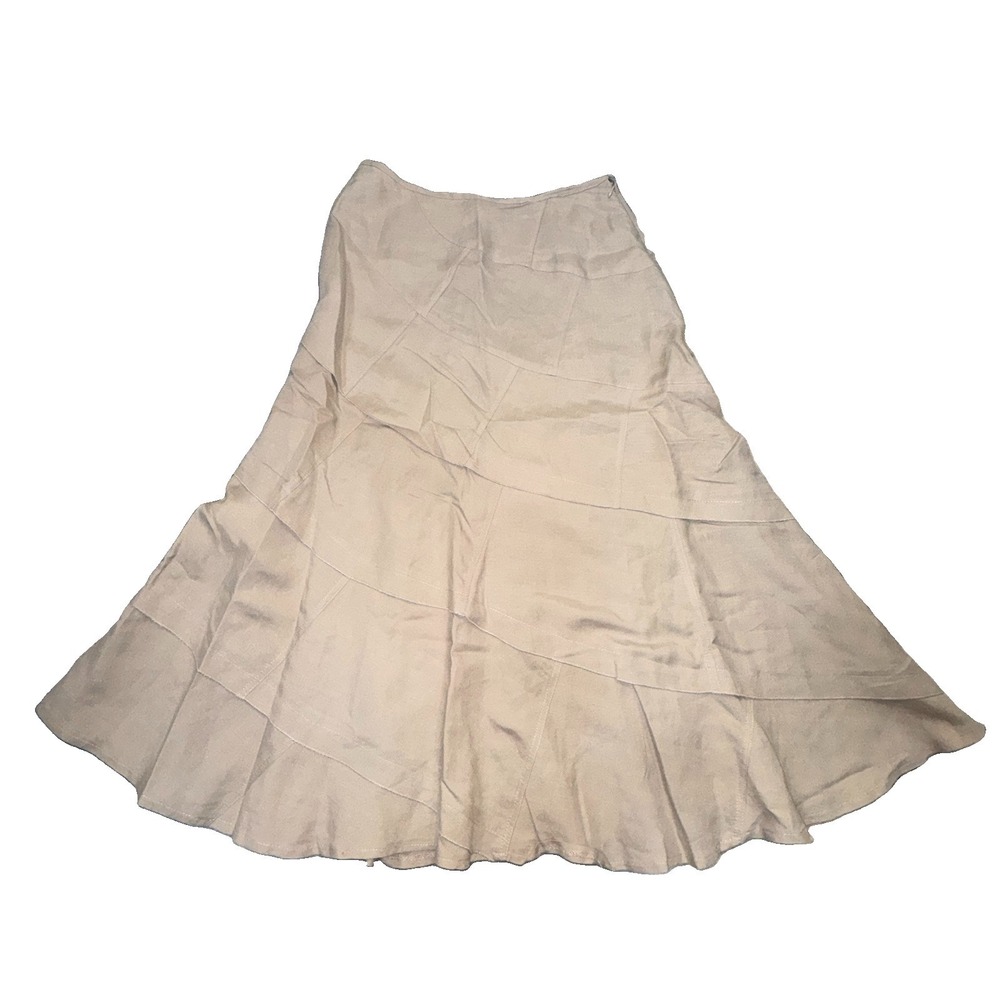 Sandro Linen Blend Skirt Beige Tan Flare Patchwork Tiered 30" Sz 8 Boho Minimal